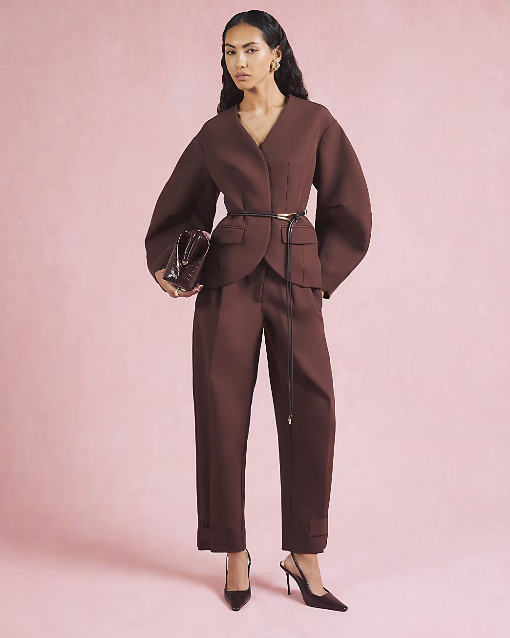 Brown Cocoon Sleeve Belted Blazer | River Island UK & IE