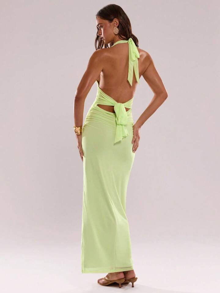 SHEIN BAE Summer Sexy Solid Color Backless Halter Back Bow Tie Long Elegant Dress,Vacation Dresses,Long Dresses,Elegant Dresses,Sister Party Dresses | SHEIN