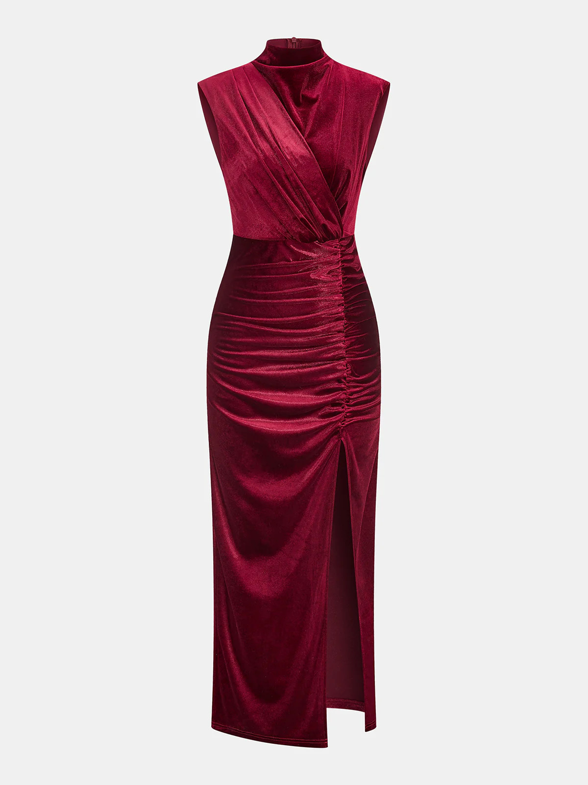 Sleeveless Side Slit Velvet Mock Neck Maxi Dress | Commense