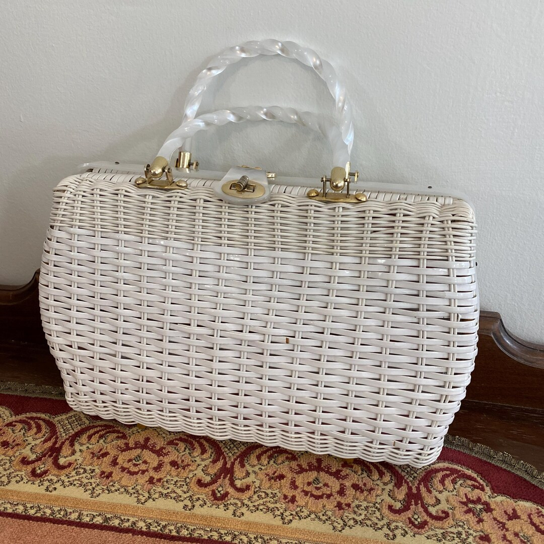 Princess Charming by Atlas Hollywood Fla White Wicker Handbag Lucite Handles - Etsy | Etsy (US)