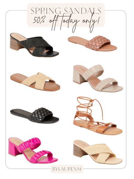 50% off spring sandals! Heeled sandals, gladiator sandals, woven sandals. Old Navy sale. @oldnavy spring shoes