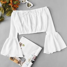 Bardot Fluted Sleeve Drawstring Crop Top | ROMWE