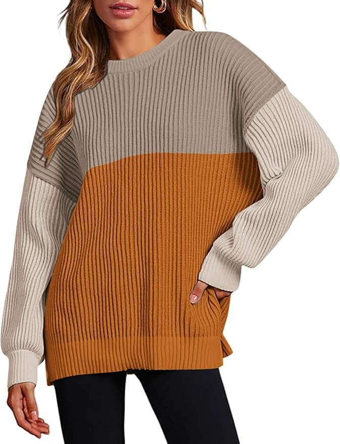 Zeagoo Women 2024 Fall Sweater Crew Neck Casual Long Sleeve Color Block Loose Pullover Rib Knit B... | Amazon (US)