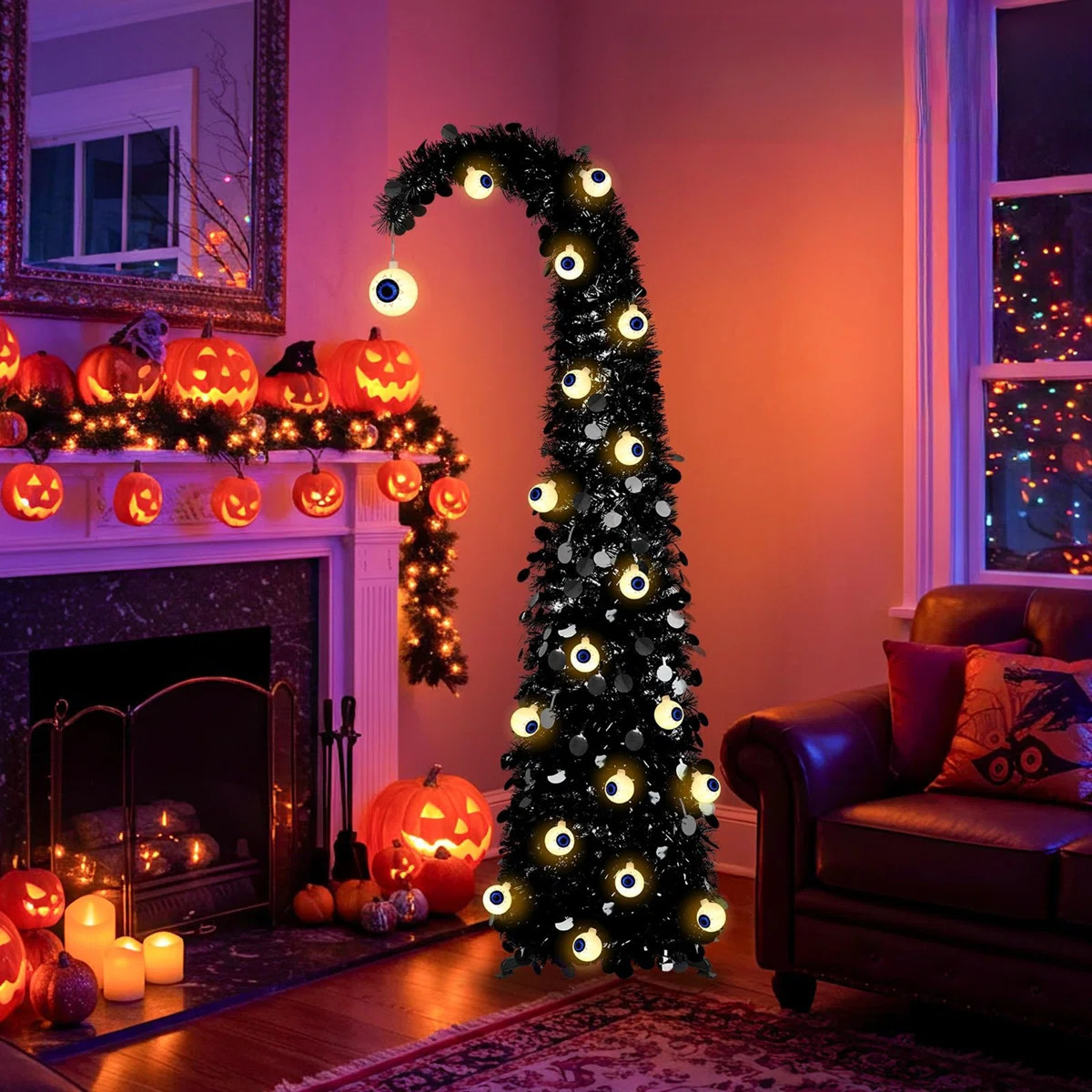 Halloween Christmas Tree 5FT Black, Eyeball String Lights Pop Up Tinsel Tree, Collapsible Indoor ... | Wayfair North America