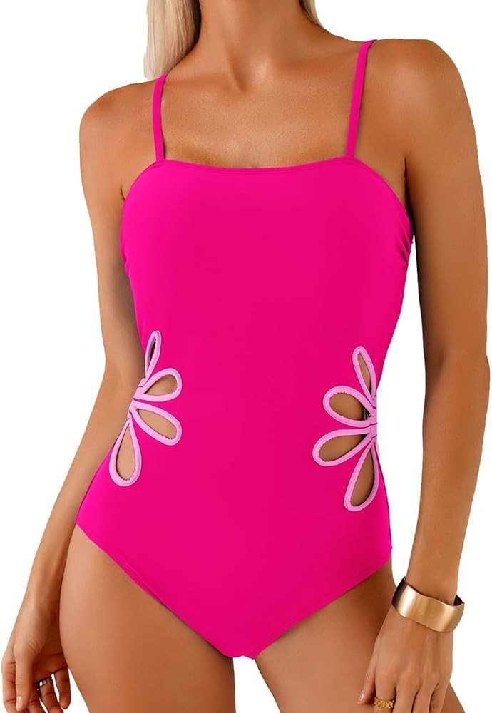 Herseas Women's One Piece Swimsuits Adjustable Spaghetti Straps Floral Cutout Bathing Suits Beach... | Amazon (US)