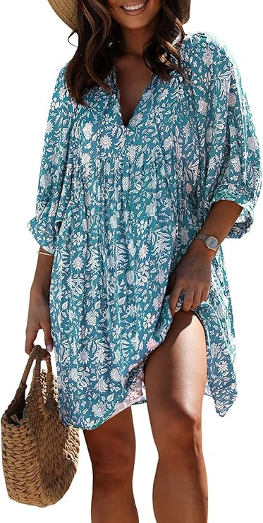 miduo Womens Casual V Neck Summer Half Sleeve Bohemian Floral Mini Tunic Short Dresses | Amazon (US)