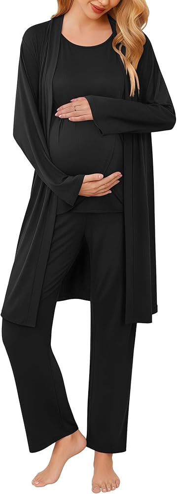 Ekouaer Maternity Nursing Robe Set 3 Pieces Sleeveless Top, Pregnancy Pants & Robe Double Layer P... | Amazon (US)