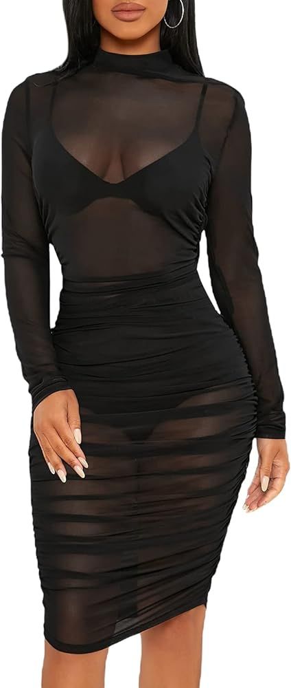 Verdusa Women's Graphic Sheer Mesh Mock Neck Long Sleeve Short Bodycon Dress | Amazon (US)