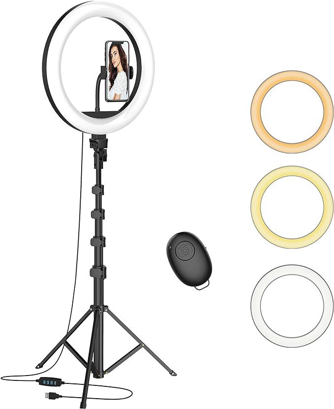 12" Selfie Ring Light with 63" Adjustable Tripod Stand and Phone Holder, LED Dimmable Ringlight w... | Amazon (US)