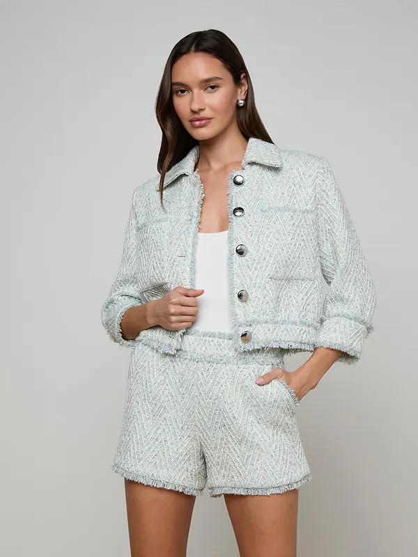 Jia Fringed Tweed Jacket in Light Blue/Ivory Chevron | L'AGENCE | L'Agence