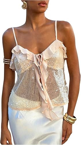 MakeMeChic Women's Summer Sequin Crop Tops Sparkly Tie Front Ruffle Party Night Out Cami Top | Amazon (US)