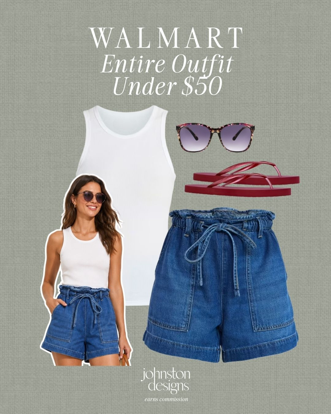 Walmart entire outfit under $50 with a simple white tank, denim paperbag shorts and easy summer accessories. 🤍

Walmart summer outfit, entire outfit under $50, white tank top, denim paperbag shorts, pink flip flops, cat eye sunglasses, affordable Walmart fashion, casual warm weather look, budget friendly style, everyday outfit inspo, summer basics, easy weekend outfit, cute denim shorts, simple summer finds 

 #LTKootd #LTKSeasonal