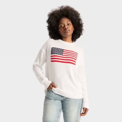Women's Crewneck Americana Pullover Sweater - Wild Fable™ White S | Target