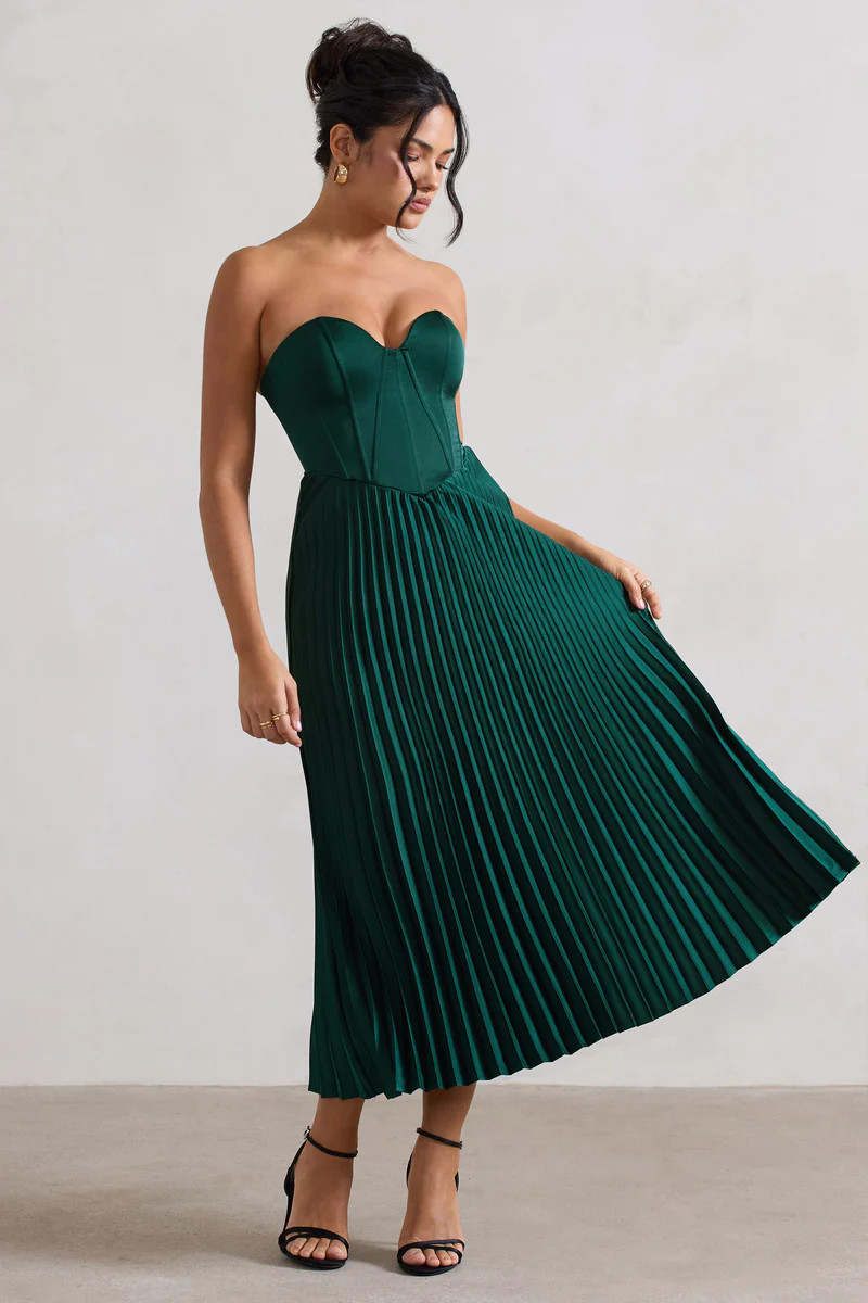 Bordeaux | Bottle Green Satin Corset Style Midi Dress | Club L London