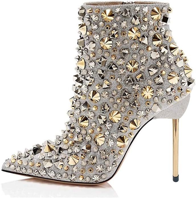 FSJ Women Fashion High Heel Ankle Boots with Rivets Closed Pointed Toe Stilettos Zipper Warm Shoe... | Amazon (US)