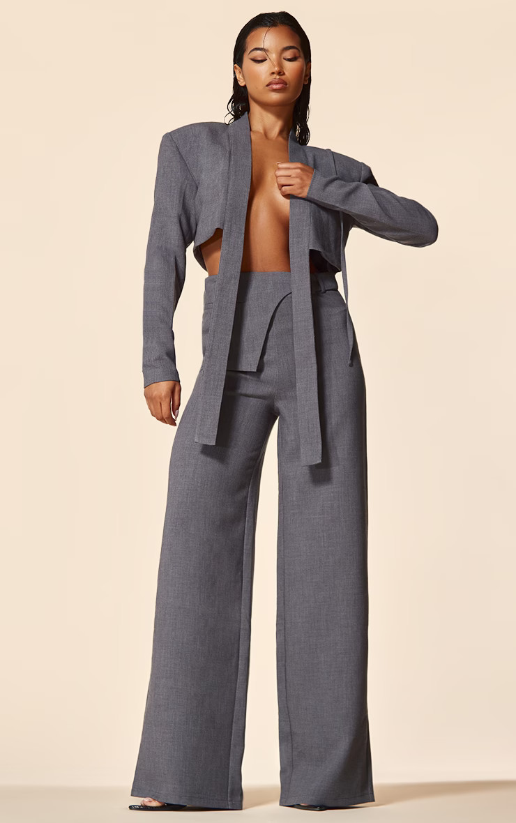 PLT Label Charcoal Strap Detail Tailored Wide Leg Trousers | PrettyLittleThing UK