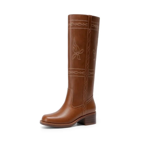 DREAM PAIRS Women's Knee High Cowboy Boots Western Tall Boots Square Toe Pull-On Boots with Embro... | Walmart (US)