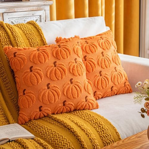 Pumpkin Fall Decorative Throw Pillow Covers 20"x20", Set of 2 Orange Brown Soft Faux Fur Pillow C... | Amazon (US)