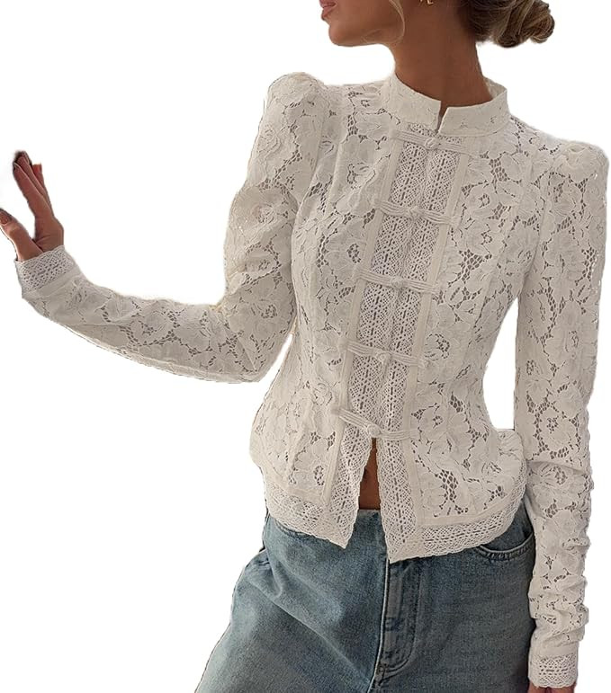 Lace Tops for Women Long Sleeve Sheer Button Sexy Tops Trendy Elegant Going Out Clothes | Amazon (US)