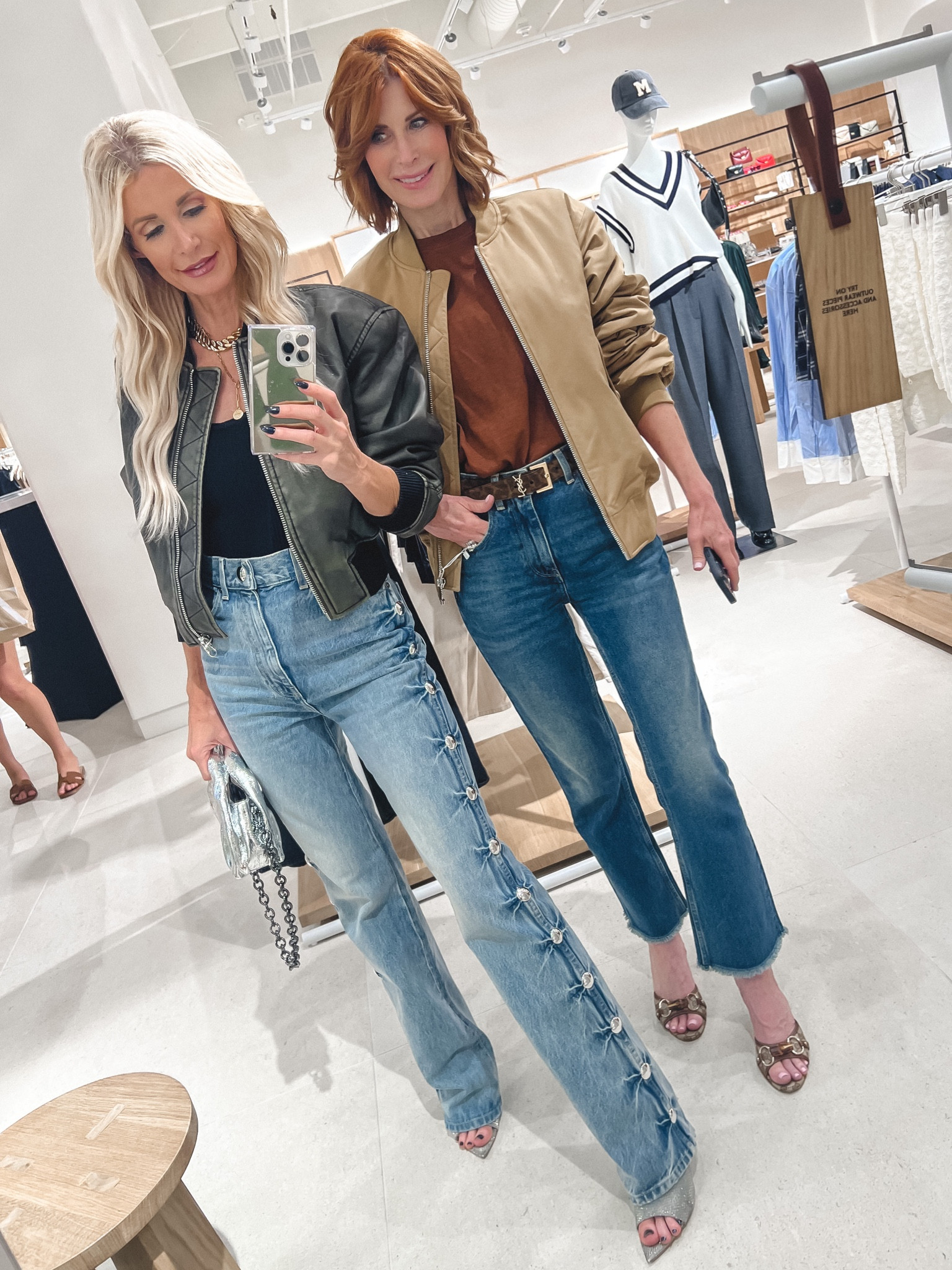 We’re obsessed with these fabulous bomber jackets! The
Fit is 🙌🙌 and the price point is amazing! We’re both wearing size xs. 

PS  ~ these studded jeans are amazing and so unique! I love the high waisted straight leg too. They run small so size up one size. I’m wearing a size 25. 

#LTKfindsunder100 #LTKover40 #LTKstyletip