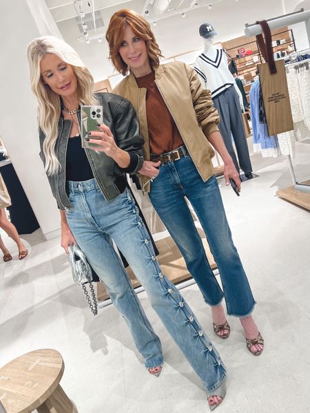 We’re obsessed with these fabulous bomber jackets! The
Fit is 🙌🙌 and the price point is amazing! We’re both wearing size xs. 

PS  ~ these studded jeans are amazing and so unique! I love the high waisted straight leg too. They run small so size up one size. I’m wearing a size 25. 

#LTKfindsunder100 #LTKover40 #LTKstyletip