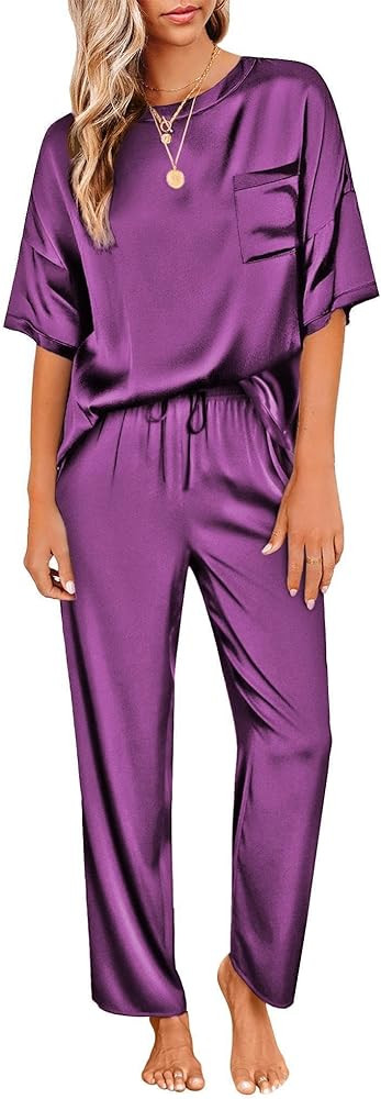 Ekouaer Womens Satin Silky Pajama Set Short Sleeve Shirt with Long Pajama Pant Set Soft PJ Lounge... | Amazon (US)