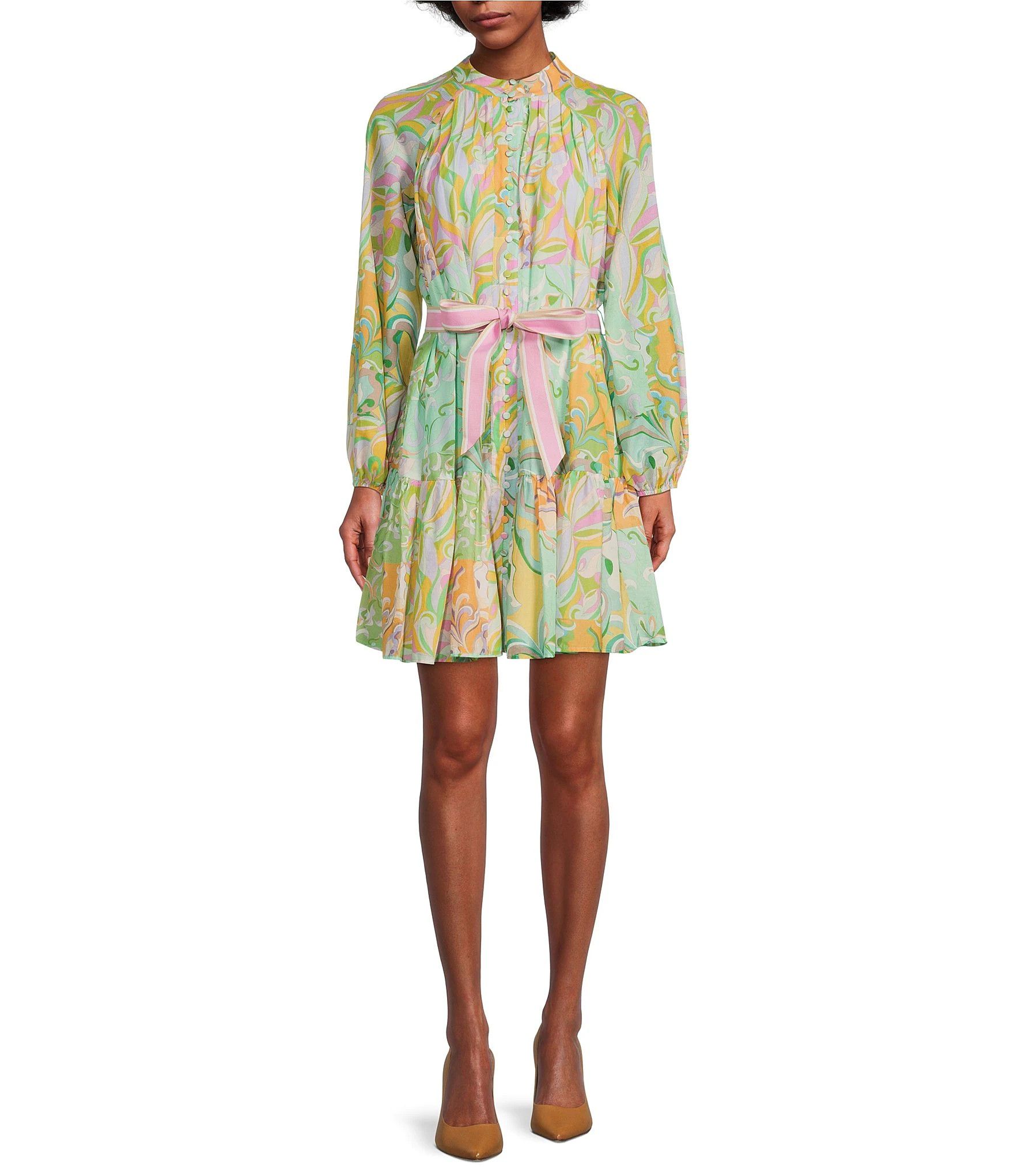 Brynn Multi Floral Print Mock Neck Long Sleeve Self-Tie Belted Tiered Hem Button Front Dress | Dillard's