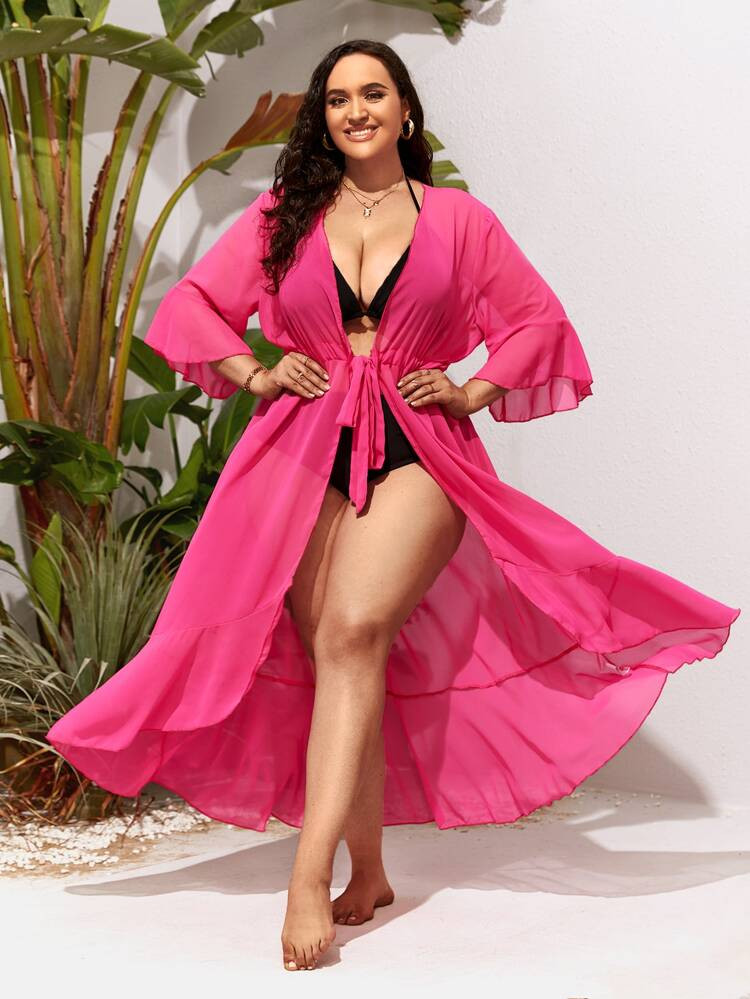 Plus Tie Front Sheer Kimono | SHEIN