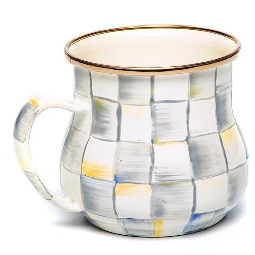 MACKENZIE-CHILDS Enamel Mug, Cute Enamelware Coffee and Tea Mug, Unique Drinkware, 16 Ounces, Gray-and-White Sterling Check, Set of 1 | Amazon (US)