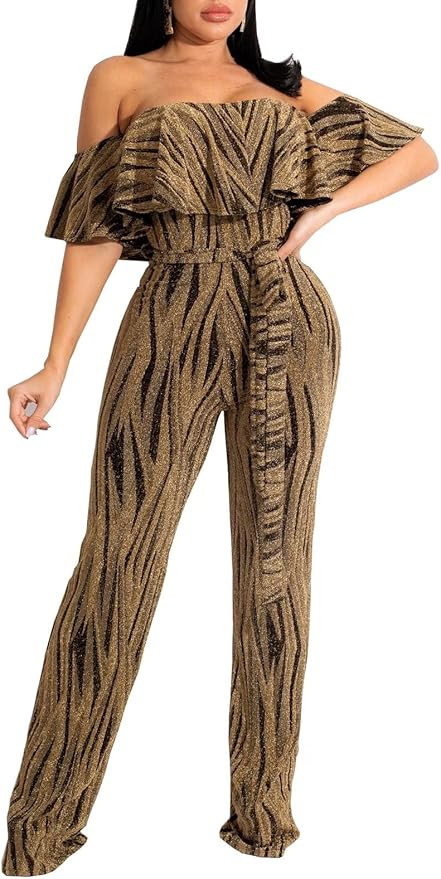 Sexy Jumpsuits for Women Elegant Summer Plus Size Clubwear Off Shoulder Ruffle Wide Leg Pants Rom... | Amazon (US)