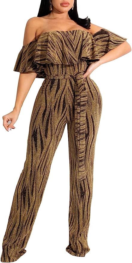 Sexy Jumpsuits for Women Elegant Summer Plus Size Clubwear Off Shoulder Ruffle Wide Leg Pants Rom... | Amazon (US)