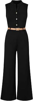 Pink Queen Women's Button Up Printed Long Wide Leg Pant Party Jumpsuits with Belt | Amazon (US)