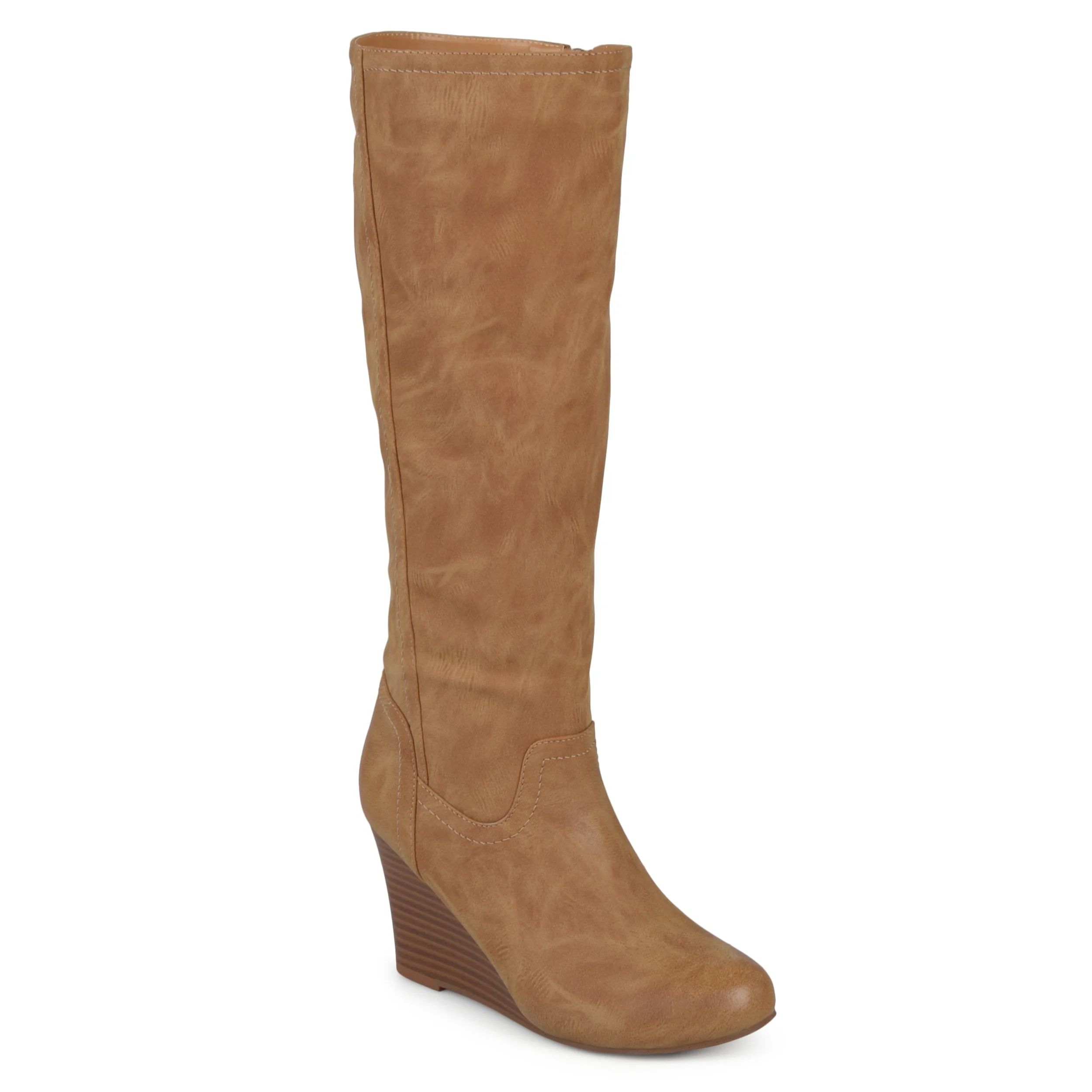 Women's Wide Calf Round Toe Faux Leather Mid-calf Wedge Boots - Walmart.com | Walmart (US)