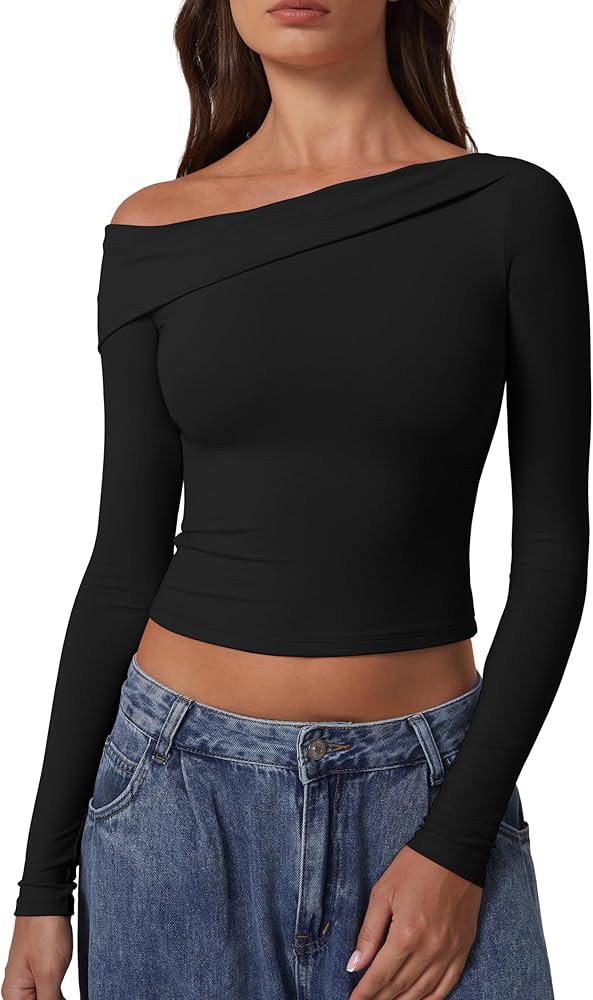 QINSEN Women Long Sleeve Off Shoulder Tops Trendy Double Lined Going Out Shirt for Fall | Amazon (US)