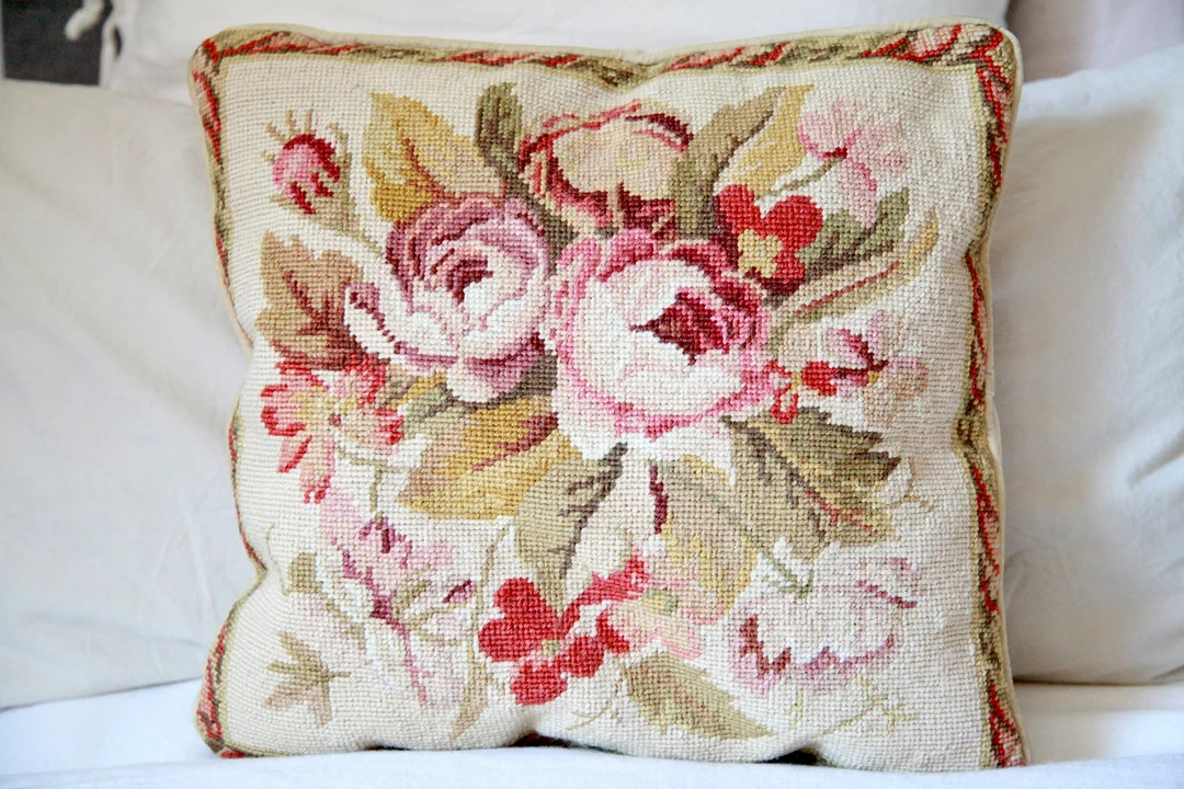 Vintage Wool Petit Point Cushion Cover, Floral Rose Bouquet Pillow Case, Needlepoint Cushion, Sha... | Etsy (US)