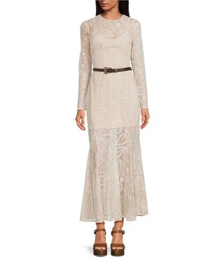 Eden Lace Belted Long Sleeve Dress | Dillard's