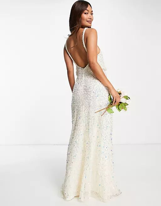 Maya Bridal maxi wedding dress with low back in all-over 3D ecru sequins | ASOS (Global)