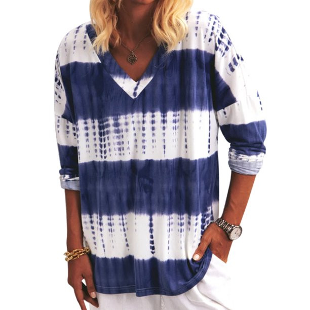 Sexy Dance Women Stripe Blouse Tie Dye Print Tunic Tops Long Sleeve V Neck T Shirt Basic Tops Pul... | Walmart (US)