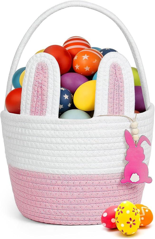 Easter Basket, Bunny Easter Baskets for Kids, Pink & White Baskets with Handle for Gifts Empty, B... | Amazon (US)