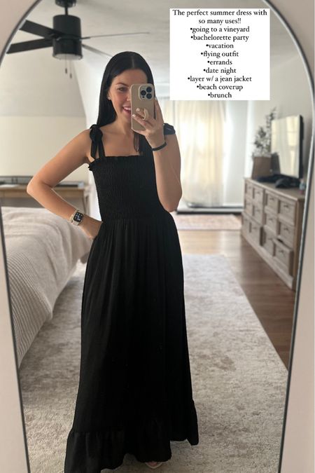 The perfect black maxi dress!!! With bows and adjustable straps. I’m 5’7 and it’s the perfect length. It’s silky, light weight, and sooo comfortable!  Code HALEYSJS10 saves $10 off. Wearing a small. Summersalt, dress, brunch, vacation, travel outfit, travel look, beach, pool

#LTKswim