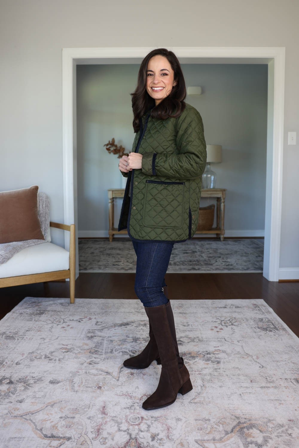 Six pairs of knee high boots for petites! 

McKenna Boots (Blondo): tts (starts at 5.5 so large on me) / 14.2” height / 14” circumference 
Coat (Ann Taylor): petite xxs 
Jeans (Quince): 24 short in midnight blue 
Sweater (Gap): petite xs