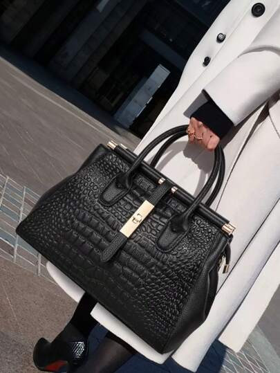 Luxury Crocodile Embossed Handbag, PU Leather Tote Bag, Women's Large Capacity Shoulder Bag, Eleg... | SHEIN