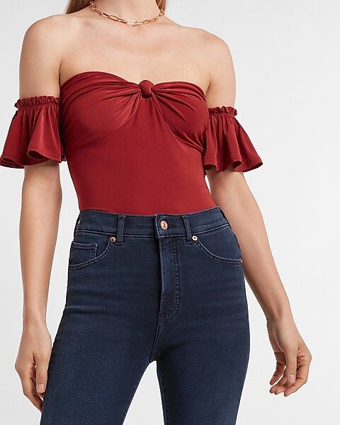 Off The Shoulder Knotted Flutter Sleeve Thong Bodysuit | Express