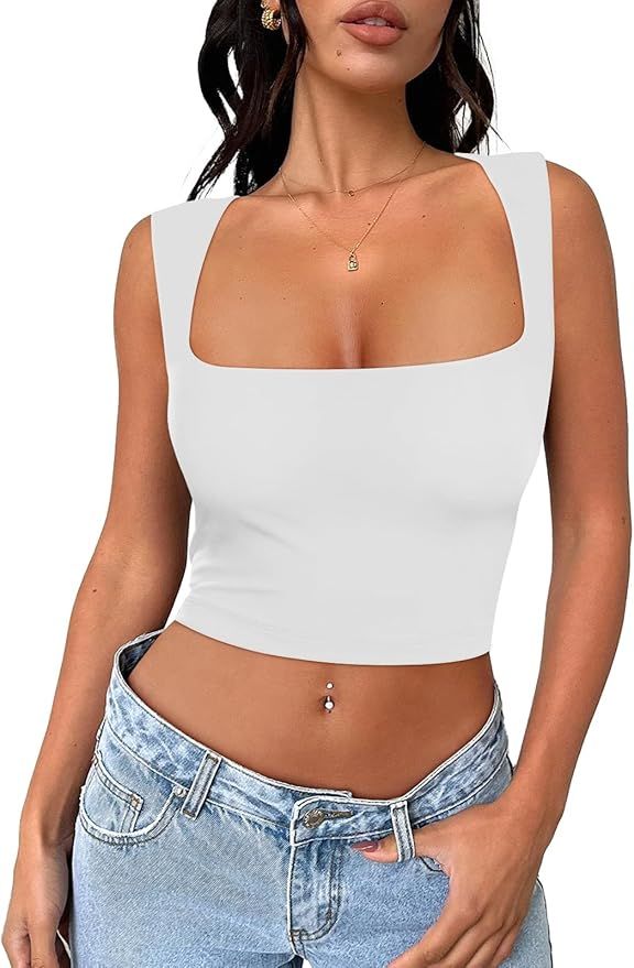 EFAN Womens Going Out Tank Crop Tops Summer Fashion Outfits Sleeveless Basic Seamless Square Neck... | Amazon (US)