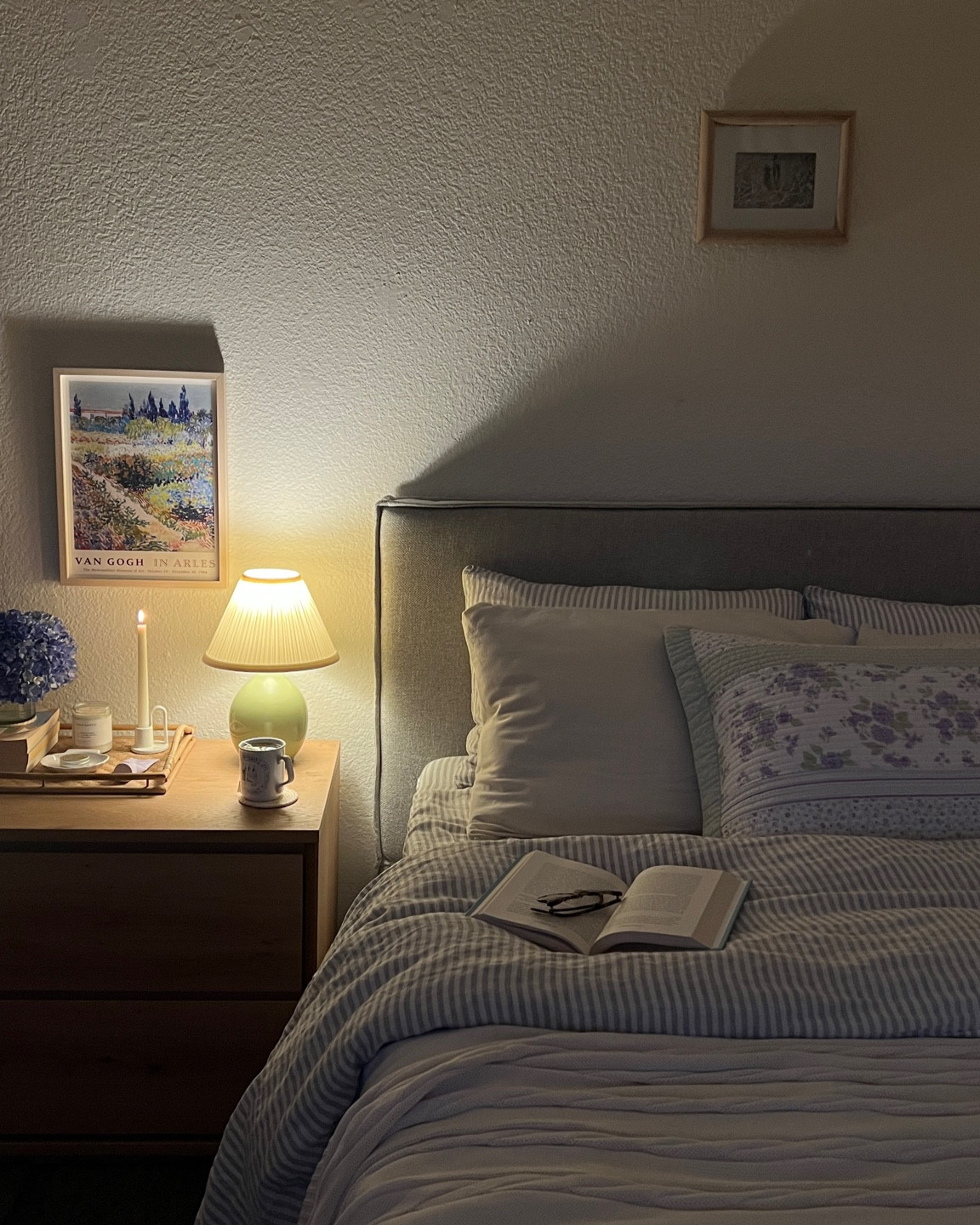 Striped sheets, flannel pillowcases, and bed stand are all linked! Everything else was either thrifted or is no longer being sold  