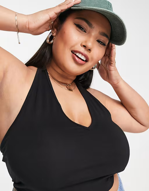 ASOS DESIGN Curve halter neck crop top in black | ASOS | ASOS (Global)