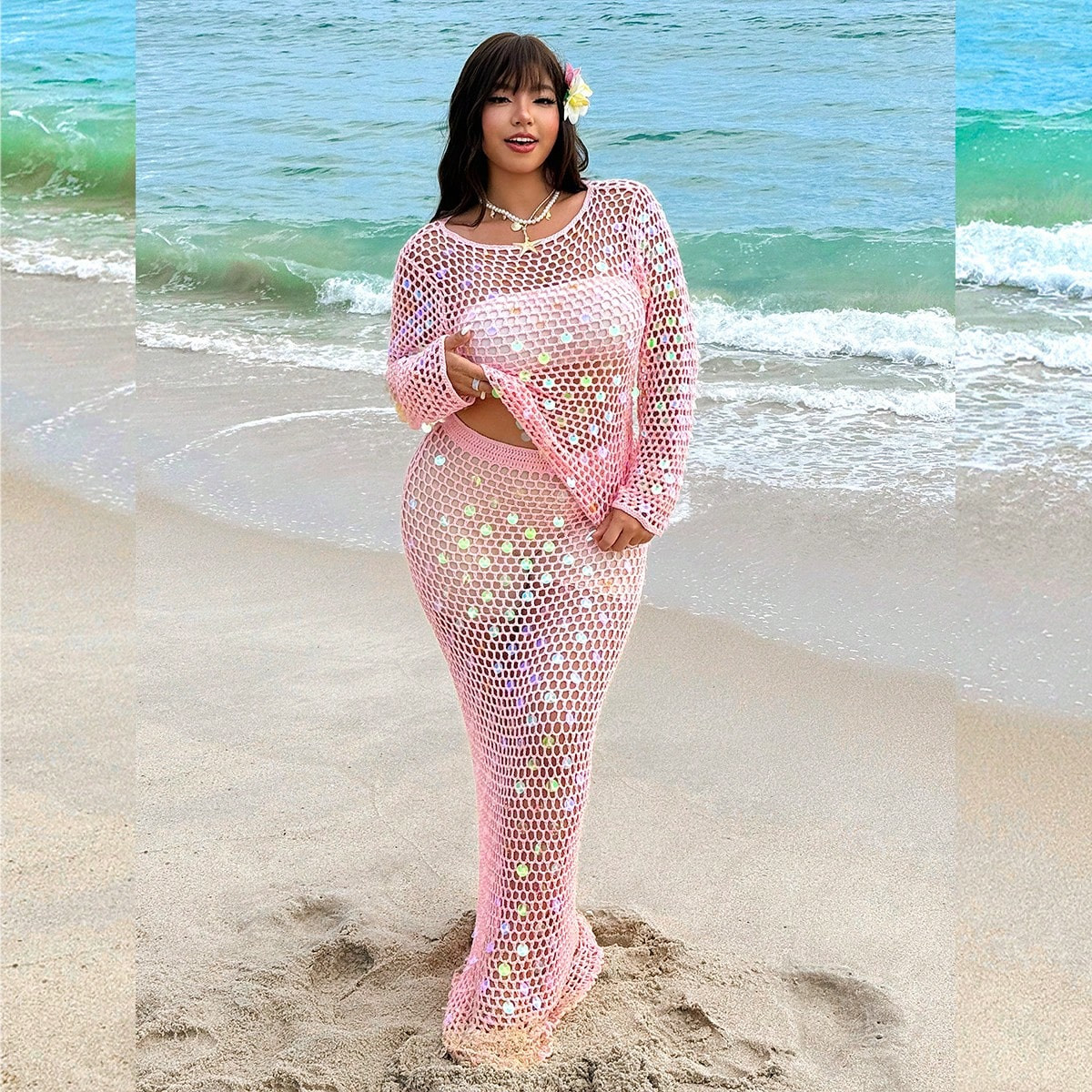 GalTyme Plus Size Women Elegant Sexy Beach Resort Style Hand-Crocheted Beaded Colorful Sequin Fashionable Versatile Hollow-Out Skirt | SHEIN