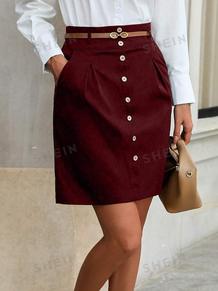 SHEIN Clasi Effen kleur elegante A-lijn rok met zakken en knopen aan de voorkant | SHEIN