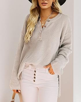 Saodimallsu Women's Oversized Sweaters Batwing Long Sleeve Loose V Neck Button Henley Tops Pullov... | Amazon (US)
