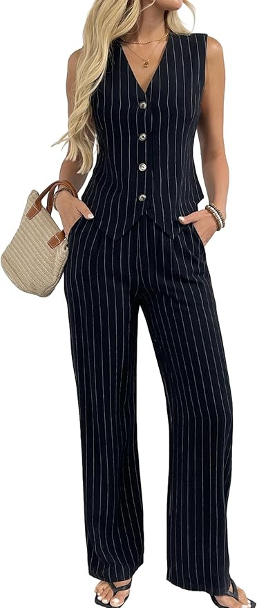 Women's 2 Piece Outfits Linen Vest Waistcoat Dressy Casual Sets Wide Leg Pants Suits | Amazon (US)